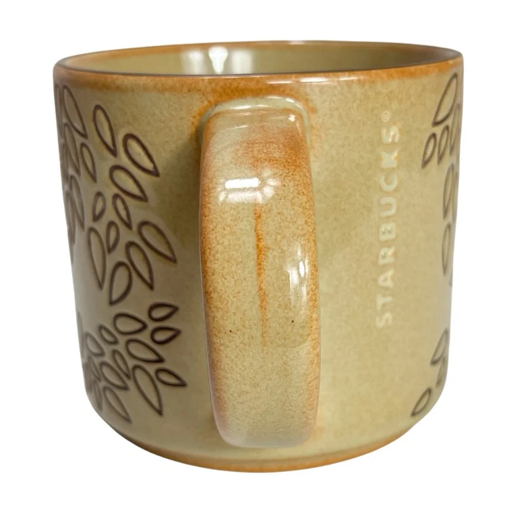 Starbucks Mug 14 oz Ceramic Leaf Pattern Tan‎ Brown Coffee Cup 2013 Fall Autumn